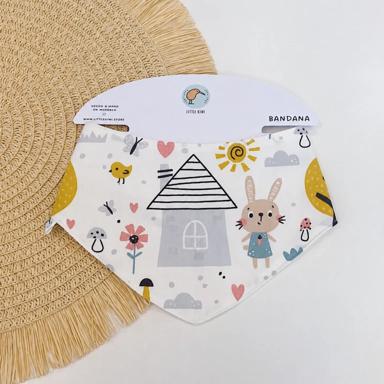 Bandana bebé personalizada de tela la casita de conejo y gofre blanco