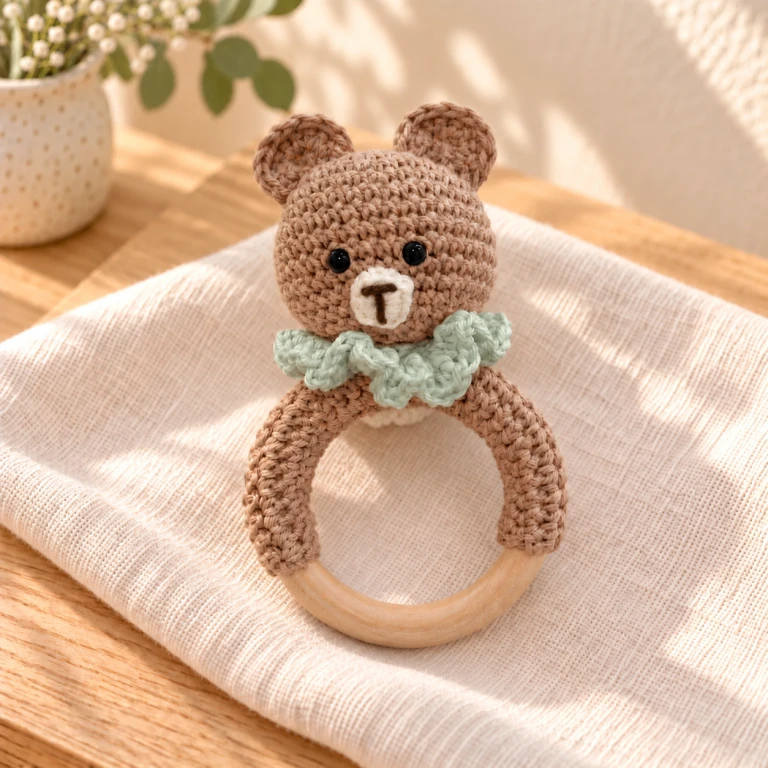 Sonajero de aro de osito amigurumi
