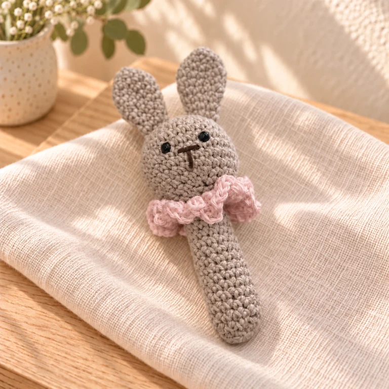 Sonajero amigurumi de conejo tipo chupachup