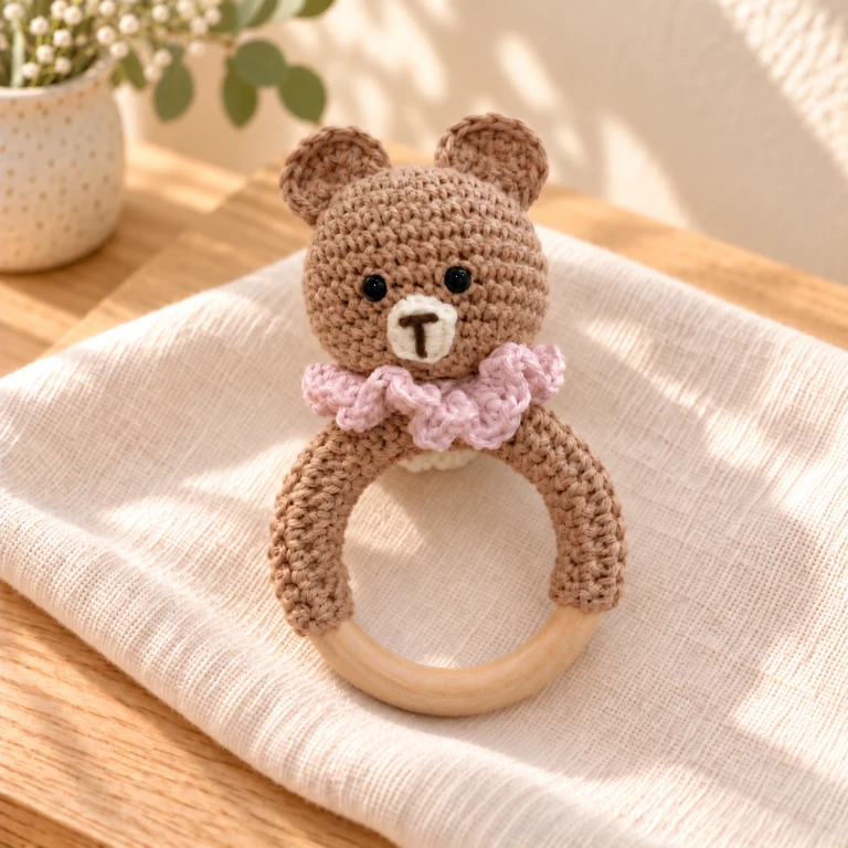 Sonajero de aro de osito amigurumi