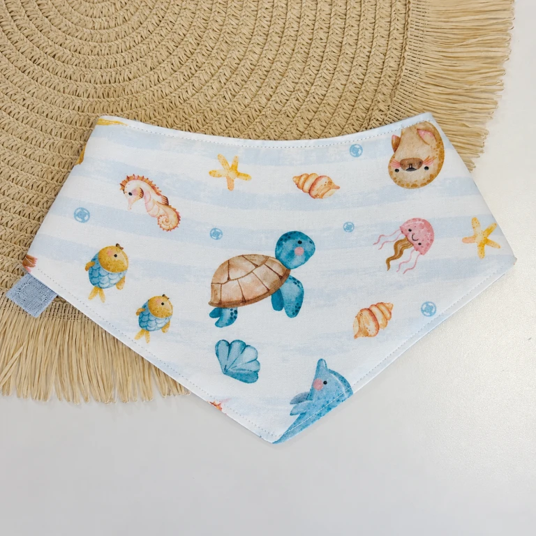 Bandana bebé personalizada tela Peces y rayas y Gofre azul