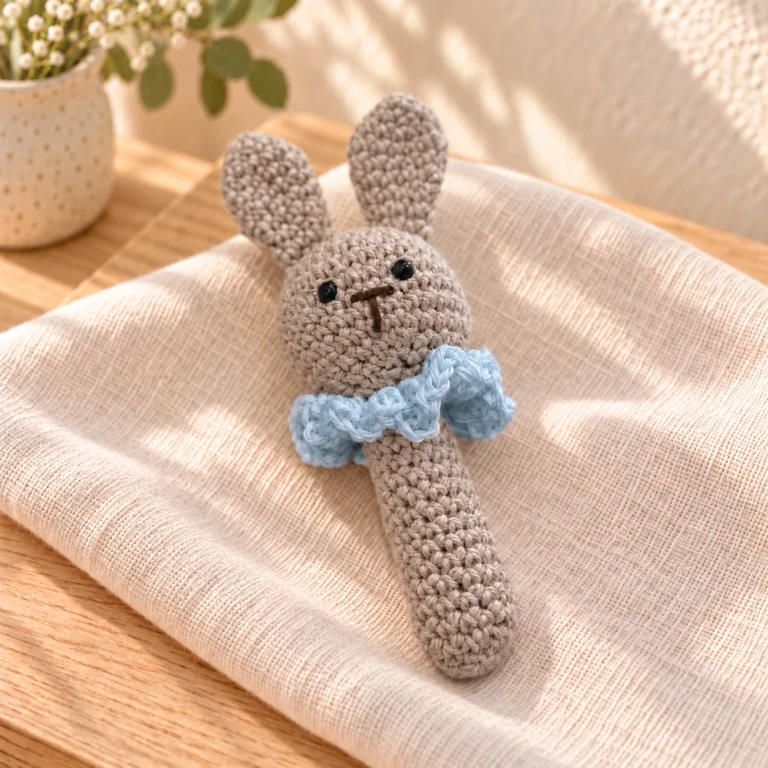 Sonajero amigurumi de conejo tipo chupachup