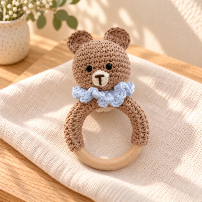 Sonajero de aro de osito amigurumi