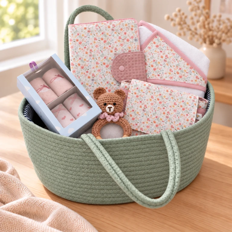 Cesta regalo bebé Completa Flores Piqué Jardín