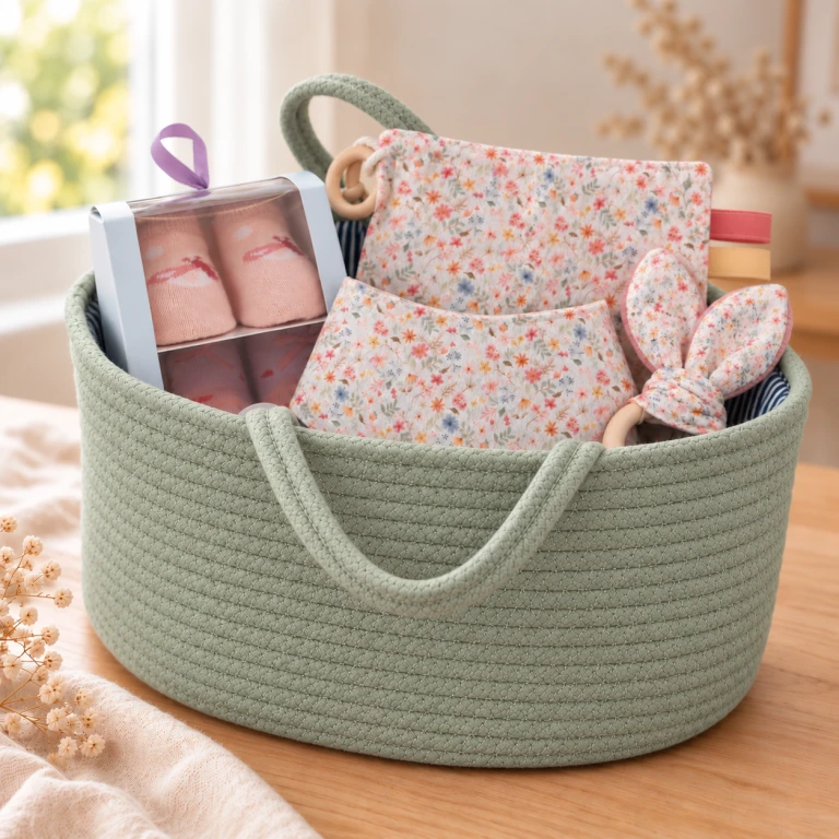 Cesta regalo bebé Esencial Flores Piqué Jardín