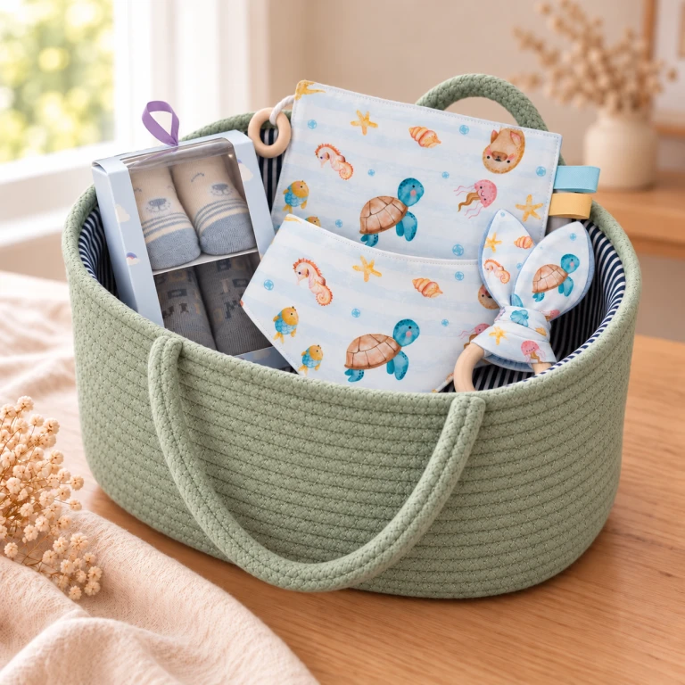 Cesta regalo bebé Esencial Peces y rayas