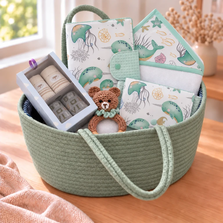 Cesta regalo bebé Completa Ocean mint