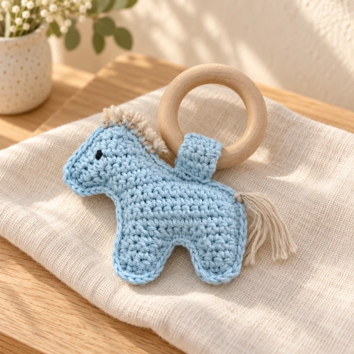 Caballito amigurumi con aro de madera