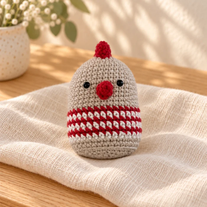 Pulguita amigurumi de gallina con sonajero