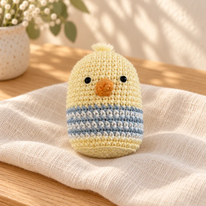 Pulguita amigurumi de pollito con sonajero