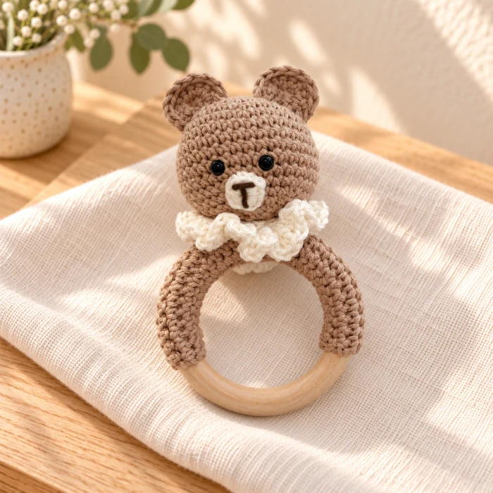 Sonajero de aro de osito amigurumi