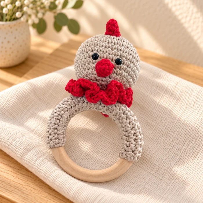 Sonajero de aro de gallina amigurumi
