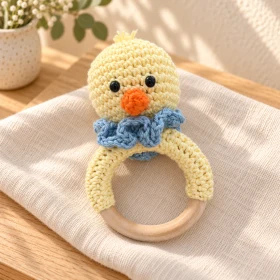 Sonajero de aro de pollito amigurumi
