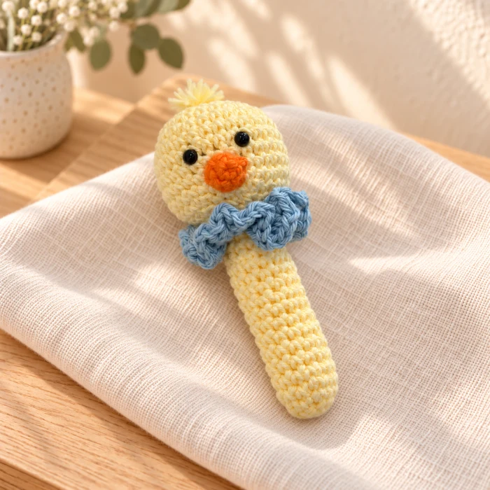 Sonajero amigurumi de pollito tipo chupachup