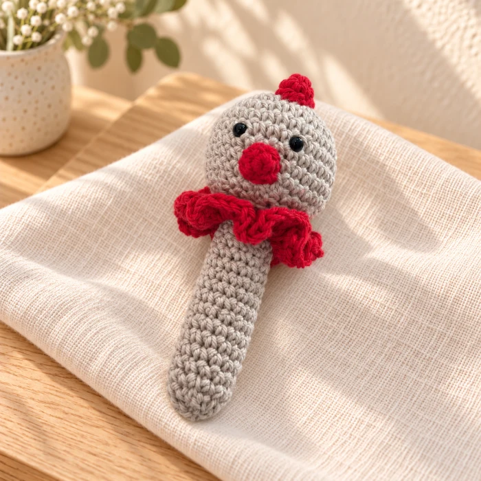 Sonajero amigurumi de gallina tipo chupachup