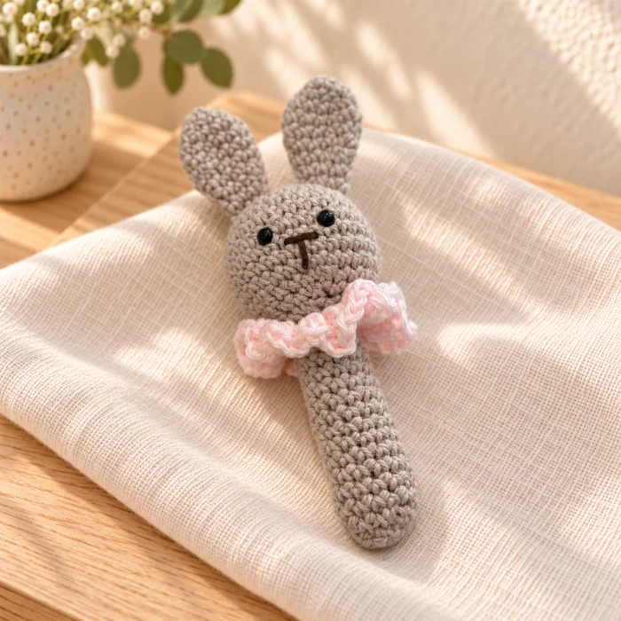 Sonajero amigurumi de conejo tipo chupachup