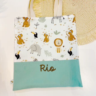Bolsa con asas infantil de tela animales África y verde