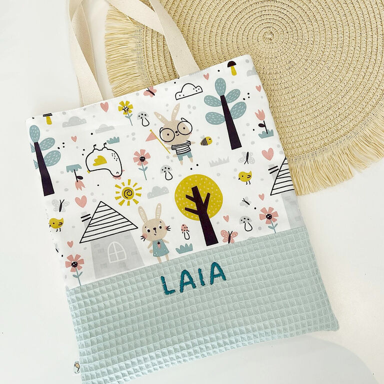 Bolsa con asas infantil de tela la casita del conejo y gofre mint