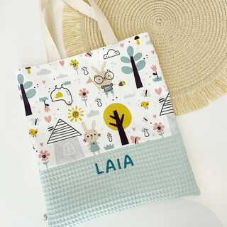 Bolsa con asas infantil de tela la casita del conejo y gofre mint