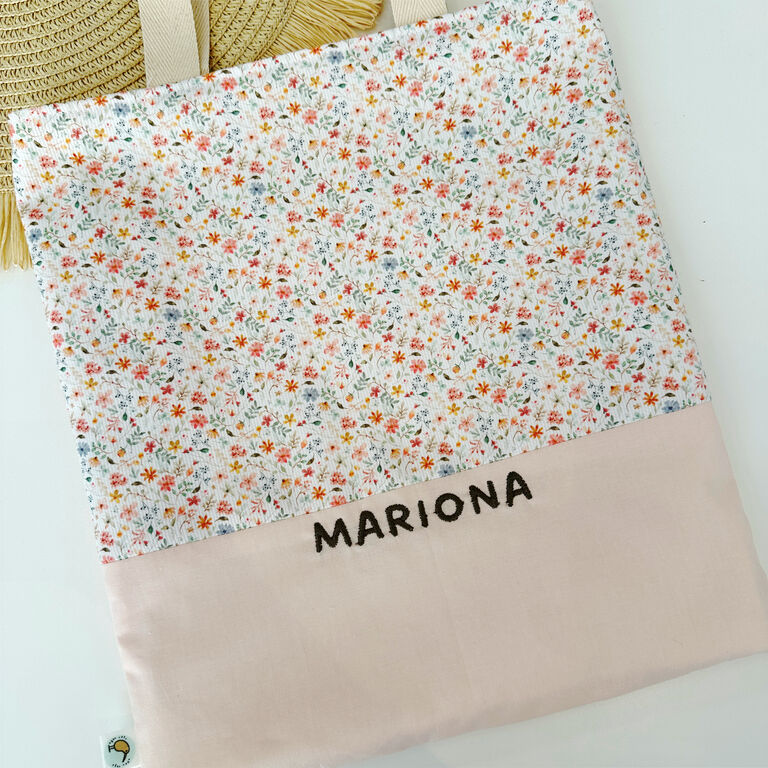 Bolsa con asas infantil de tela flores jardín con rosa bebé