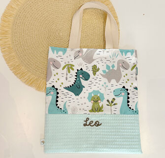 Bolsa con asas infantil de tela happy dinos y gofre mint