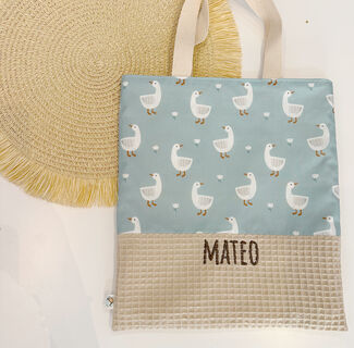 Bolsa con asas infantil de tela ocas y gofre beige