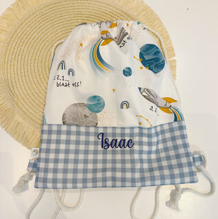 Mochila saco infantil con cuerdas de tela cohetes y planetas
