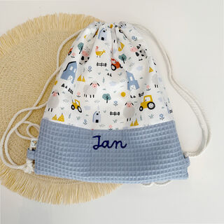 Mochila saco infantil con cuerdas de tela granja