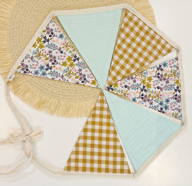 Banderines tela flores, gofre menta, y vichy mostaza