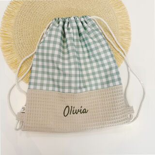 Mochila saco infantil con cuerdas de tela vichy menta