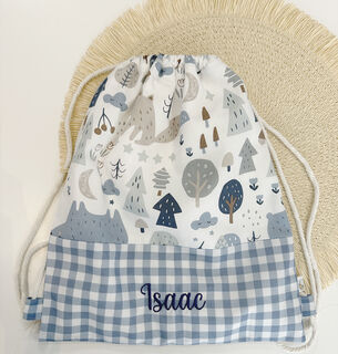 Mochila saco infantil con cuerdas de tela noche de invierno y vichy azul