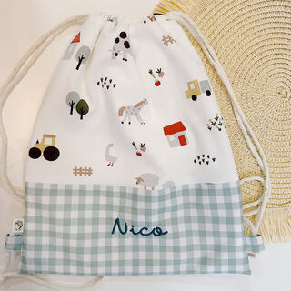 Mochila saco infantil con cuerdas de tela granja y vichy menta