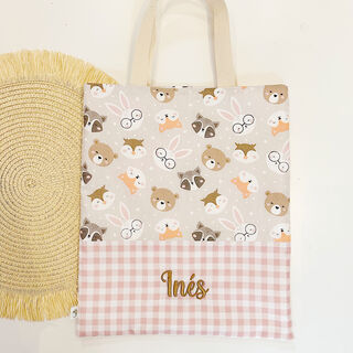 Bolsa con asas infantil de tela mapaches, conejos y osos y vichy rosa