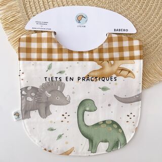 Babero de tela dinosaurios amarillos y verdes y vichy mostaza con nombre bordado