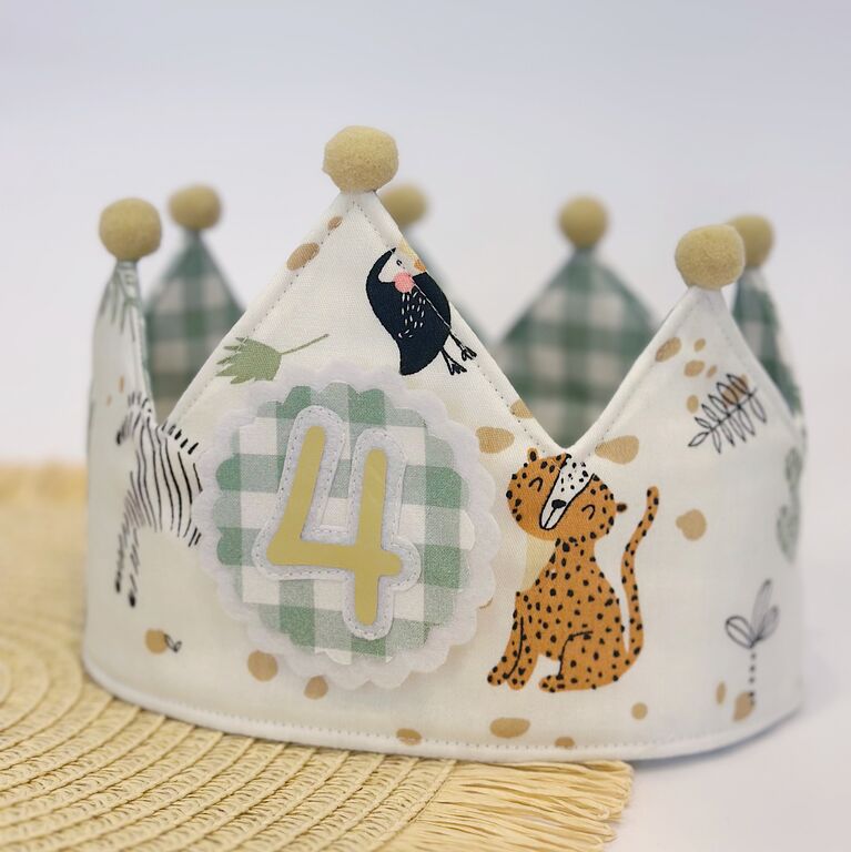 Corona de cumpleaños de tela animales de áfrica con interior vichy menta