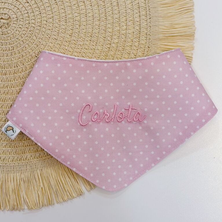 Babero bandana de tela topos rosa y gofre blanco