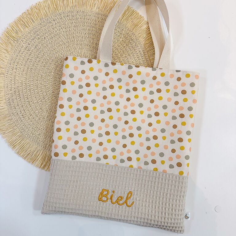 Bolsa con asas infantil de tela topos de colores y gofre beige