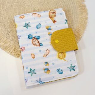 Portadocumentos bebé tela peces y rayas y gofre mostaza