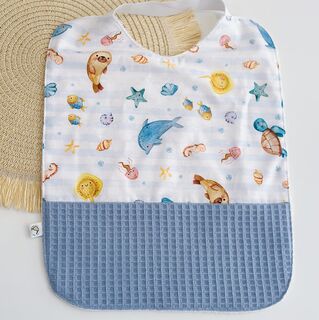 Babero guardería personalizado de tela peces y rayas y gofre azul