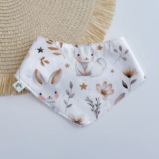 Bandana bebé personalizada de tela conejitos y flores otoñales y rizo bambú blanco