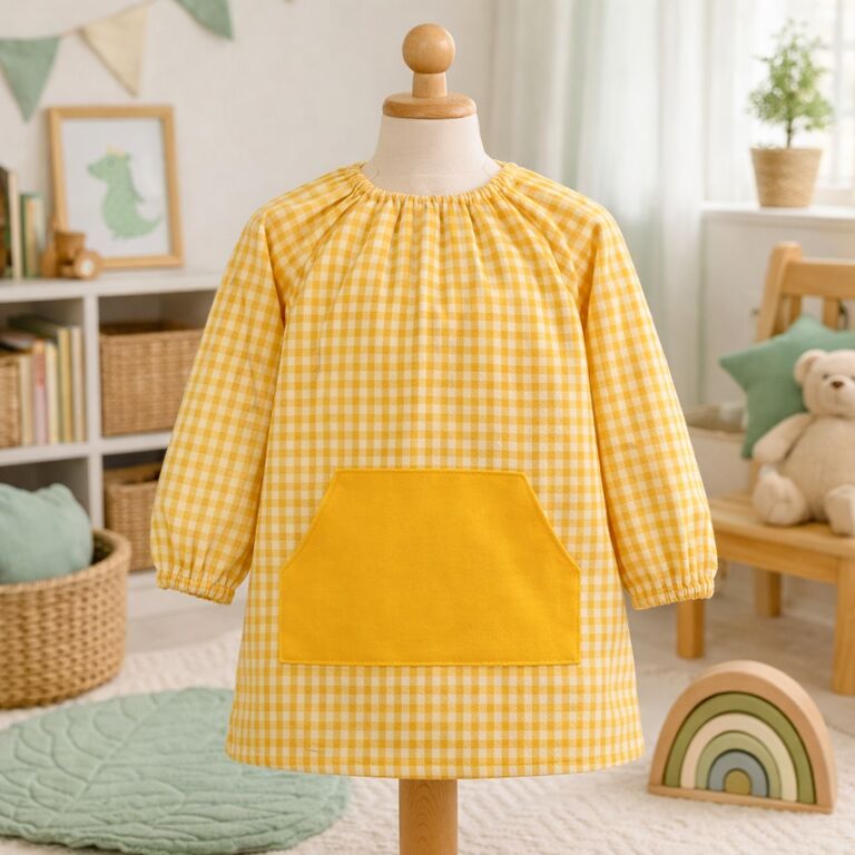 Babi escolar personalizado de cuadros vichy amarillo