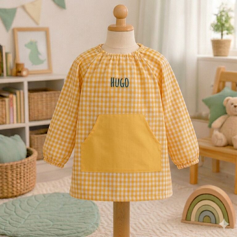 Babi escolar personalizado de cuadros vichy amarillo