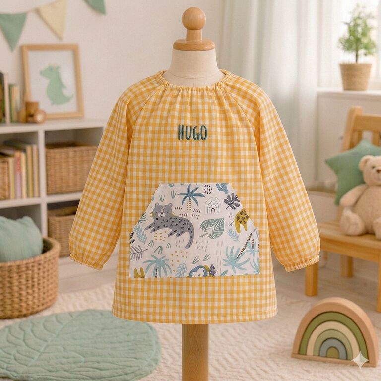 Babi escolar de cuadros amarillo con bolsillo de tela safari mint