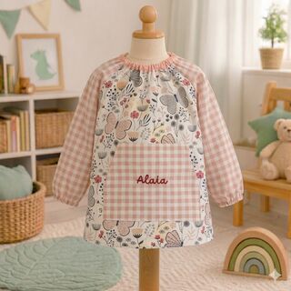 Babi escolar personalizado de tela mariposas rosa y gris y vichy rosa