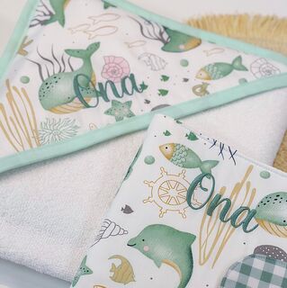 Conjunto capa de baño y portadocumentos tela ocean mint y vichy menta