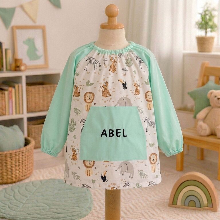 Babi escolar personalizado de tela animales de áfrica y verde menta liso