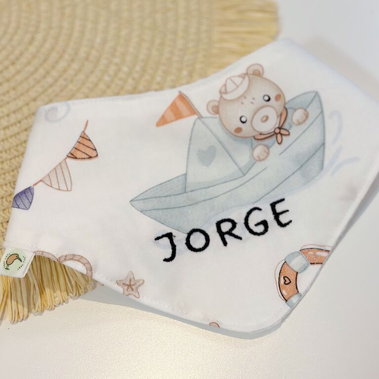 Bandana bebé personalizada de tela ositos marineros y gofre blanco