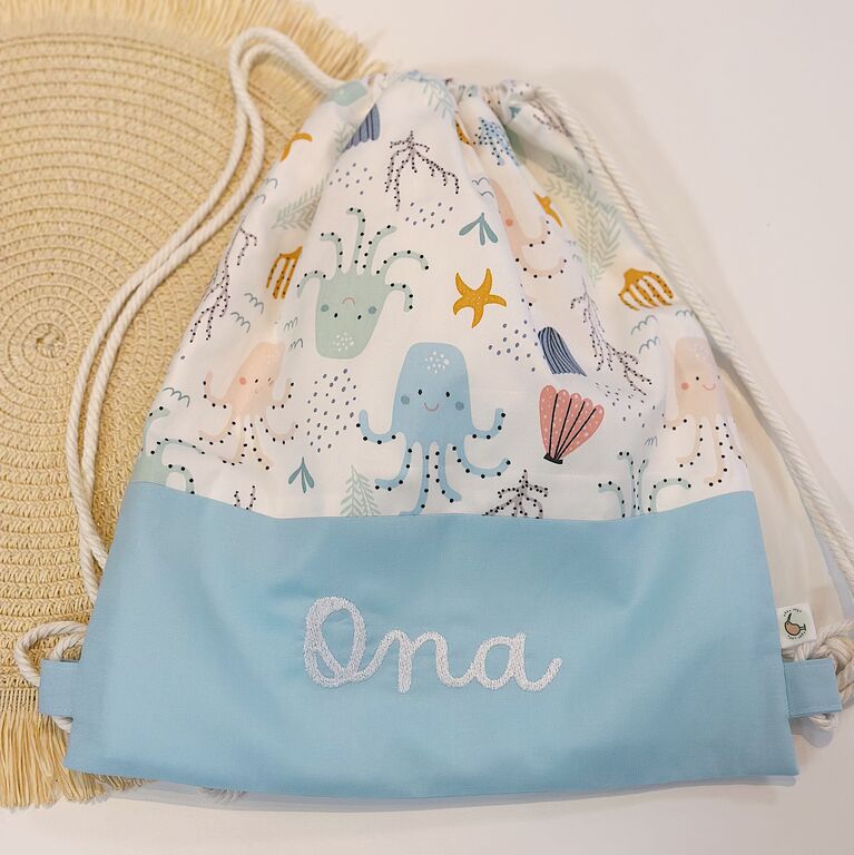Mochila saco infantil con cuerdas de tela medusas multi y verde agua
