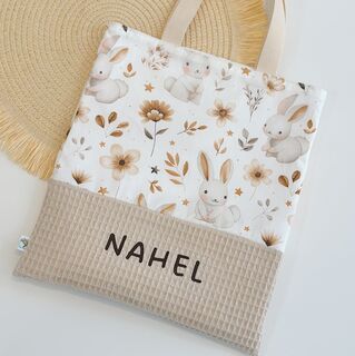 Bolsa con asas infantil de tela conejitos y flores otoñales y gofre beige