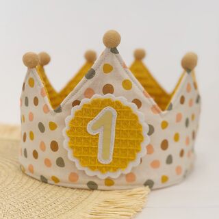 Corona de cumpleaños de tela topos de colores con interior gofre mostaza